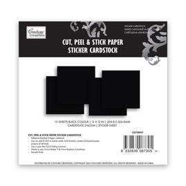 Cut, Peel & Stick paper sticker cardstock - Black - 12in x 12in | 305 x 305mm - 10 sheets - 216gsm